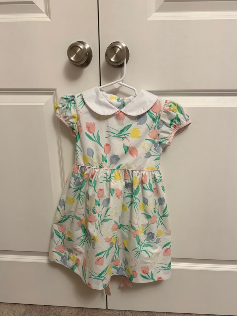 The Beaufort Bonnet Company White Floral Peter Collar Dress with Pastel Tulips